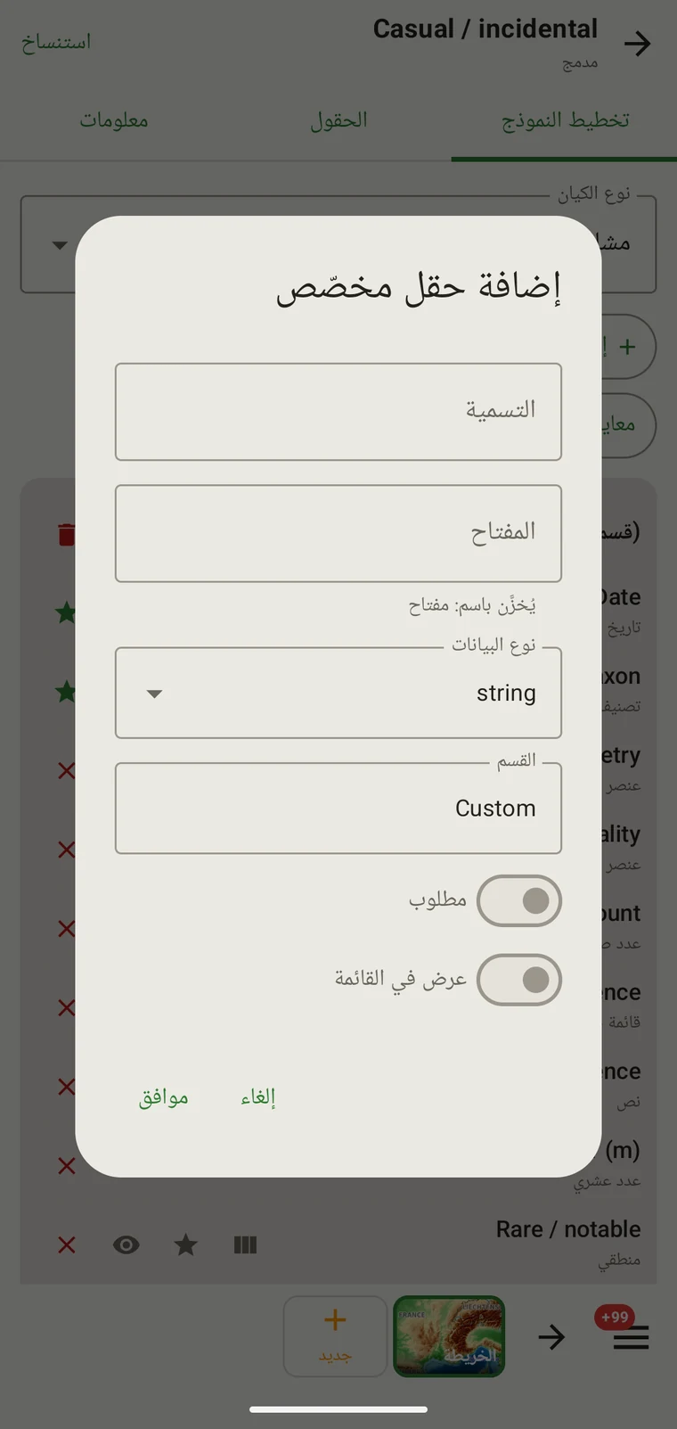 Add custom field dialog with Caption, Key, Data type, Section, Required and Show in list controls