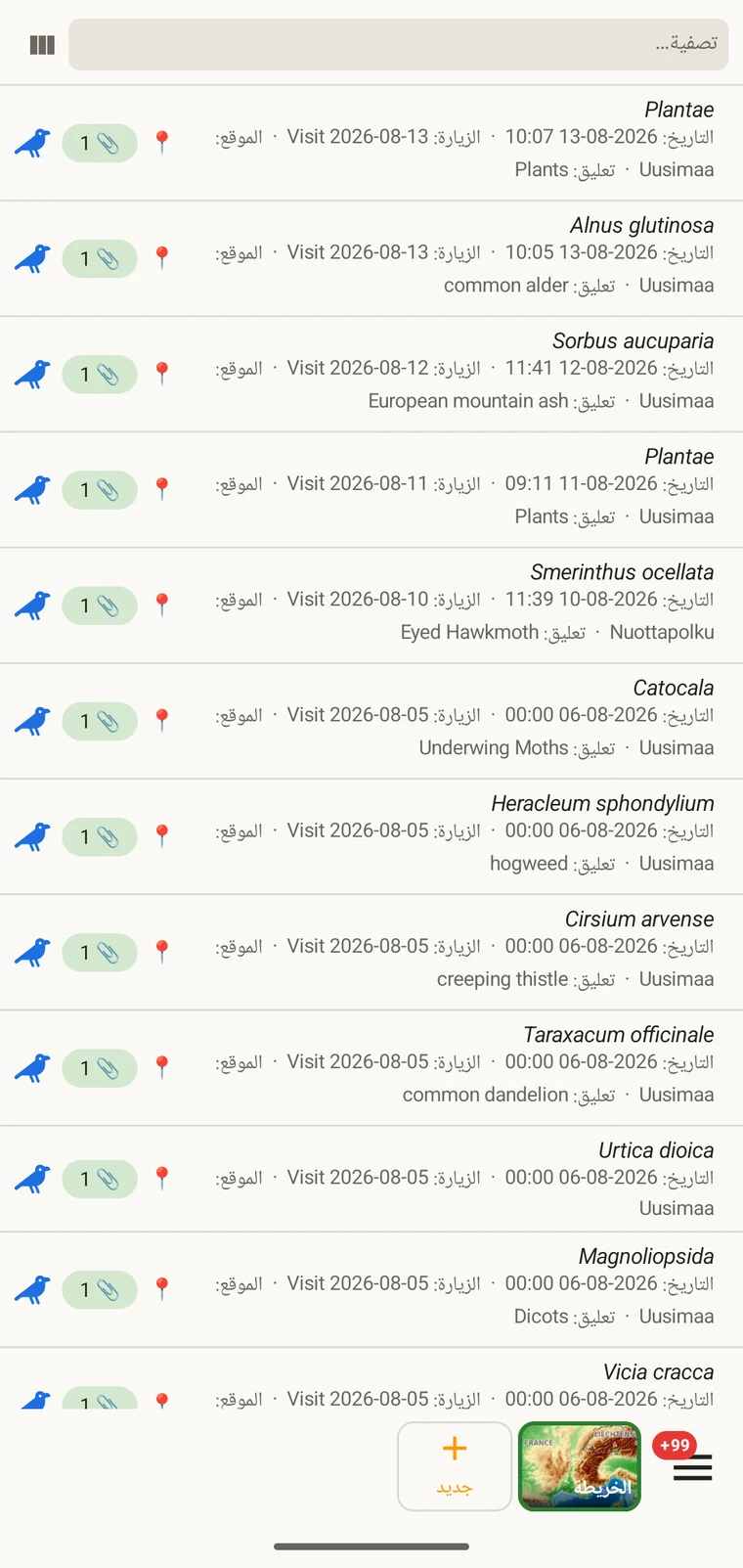 قائمة المشاهدات تعرض عدة سجلات مع أعمدة الوحدة التصنيفية والتاريخ وأعمدة مختارة أخرى