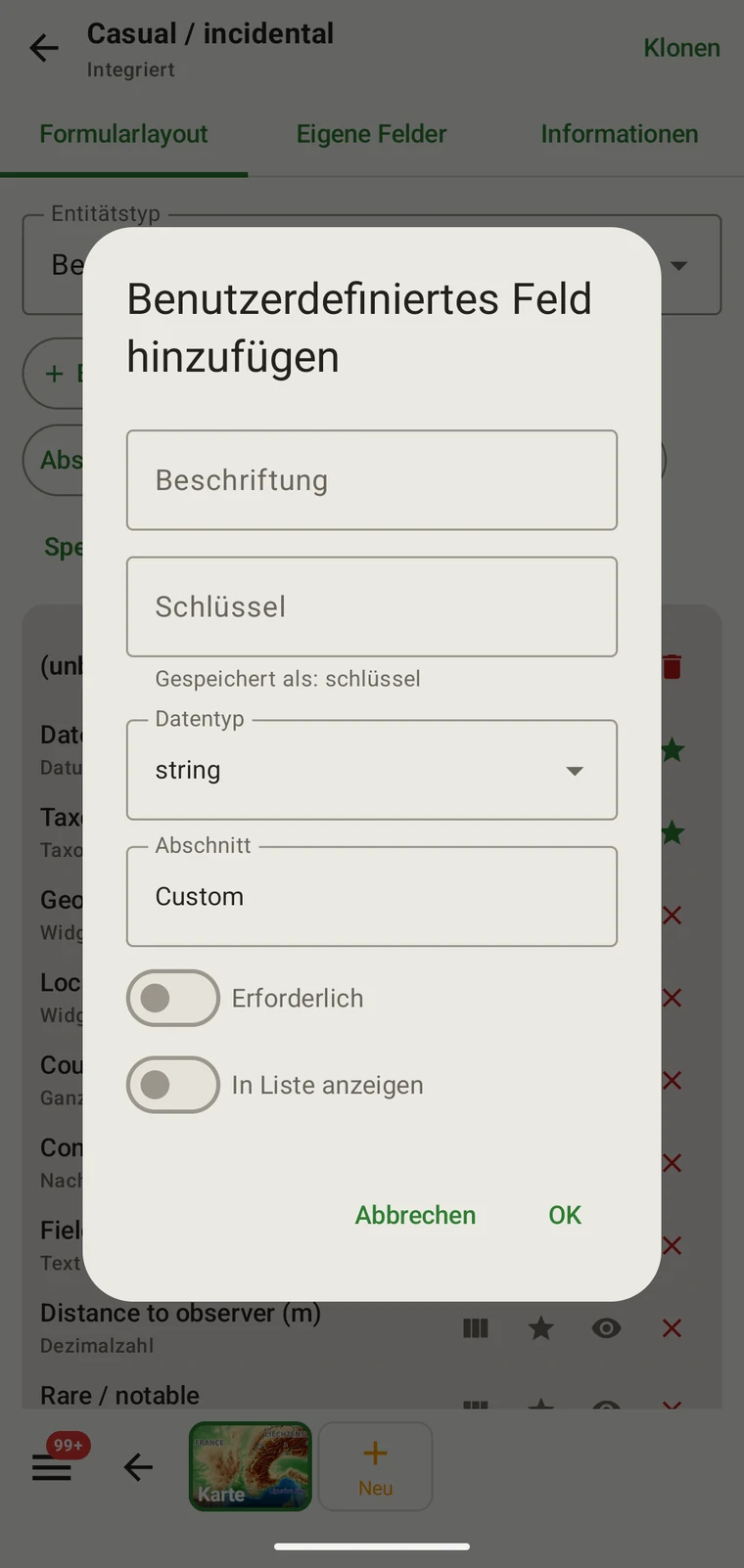 Add custom field dialog with Caption, Key, Data type, Section, Required and Show in list controls