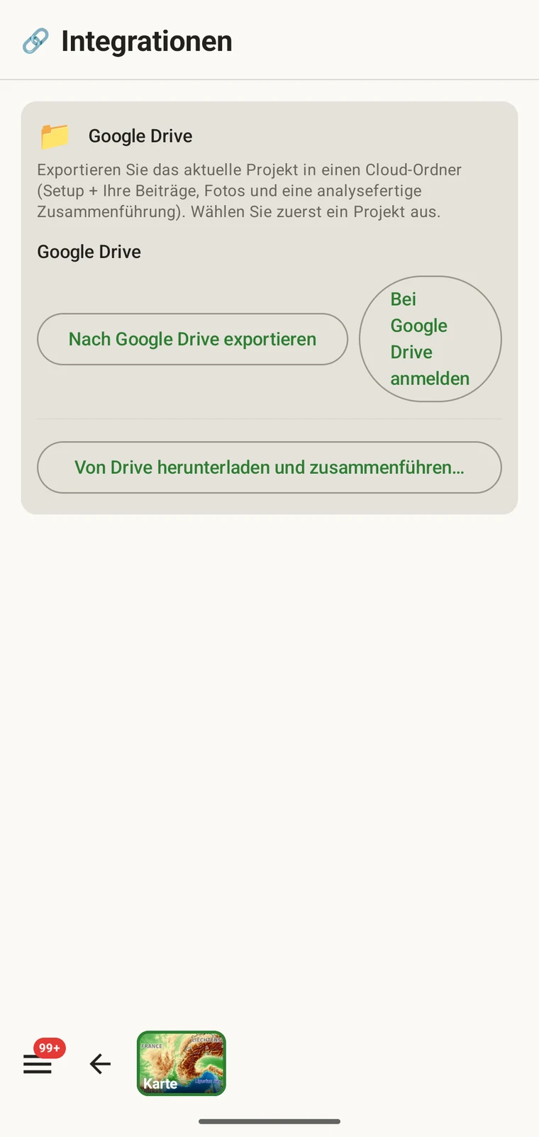 Die Google-Drive-Karte mit ihren drei Schaltflächen: Nach Google Drive exportieren, Bei Google Drive anmelden und Von Drive herunterladen und zusammenführen