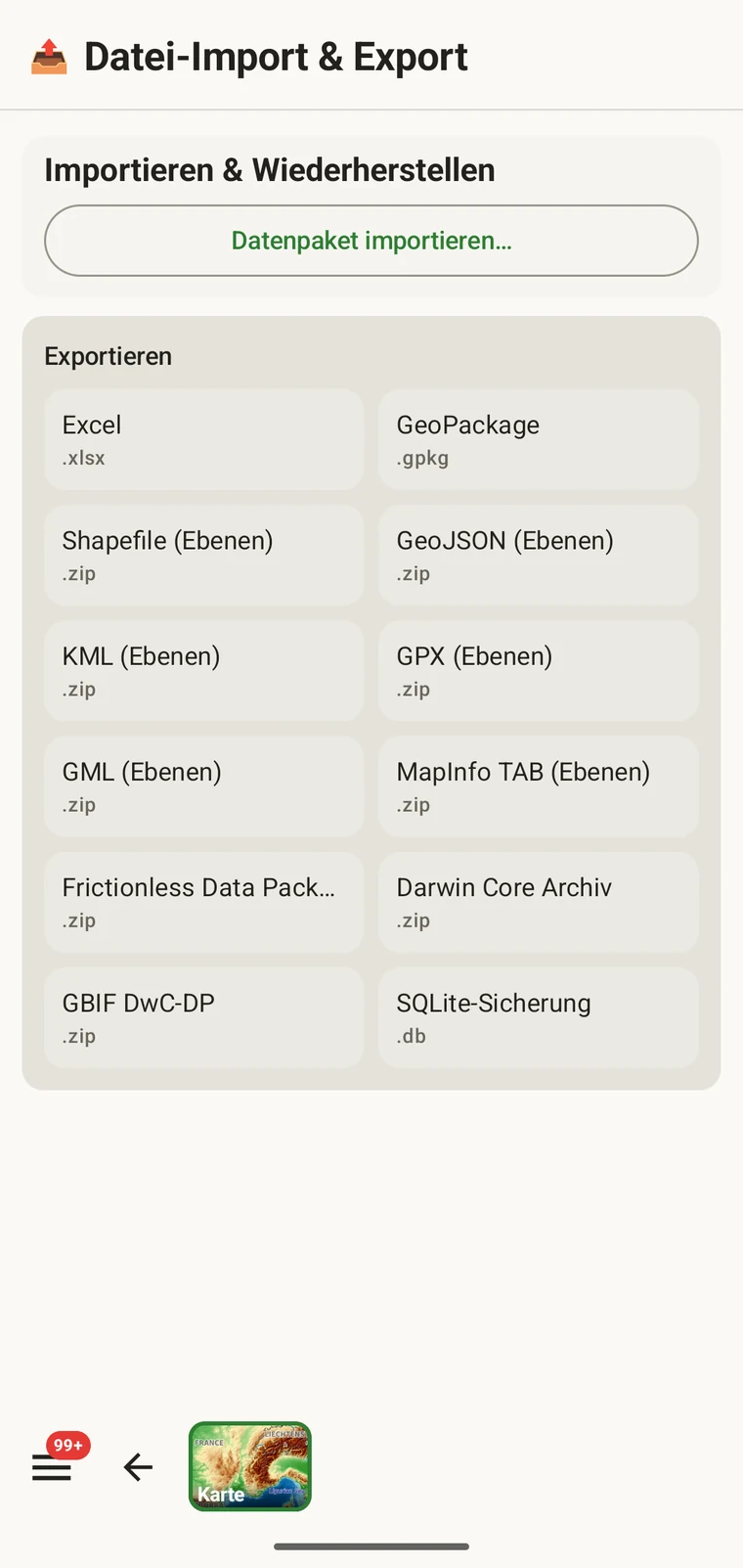 Exportbildschirm mit dem Abschnitt „Importieren und Wiederherstellen“ und dem Raster der zwölf Exportformate