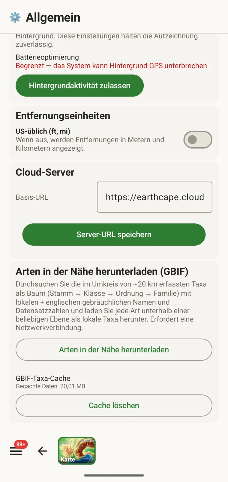 Download nearby species (GBIF) card under Menu → Admin → General