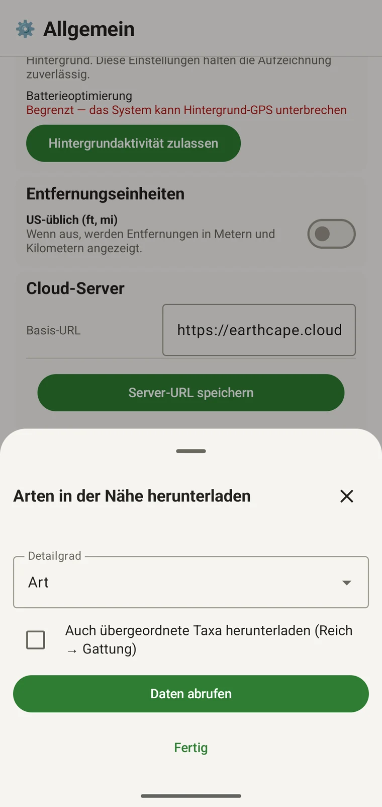 Download nearby species sheet with the Detail level control, the parent-taxa checkbox and the Get data button