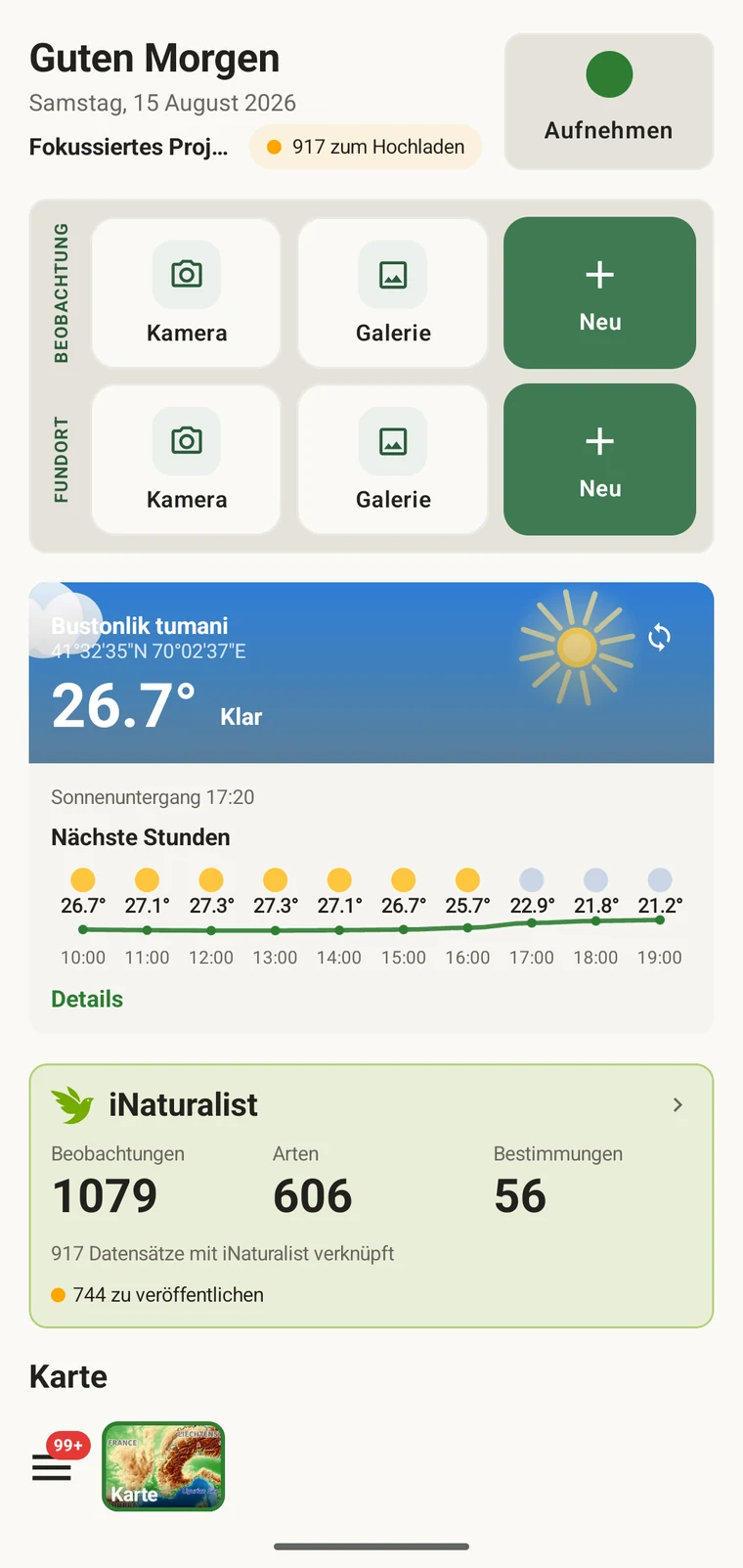 EarthCape home screen with the Record button, observation and locality quick actions and the weather card