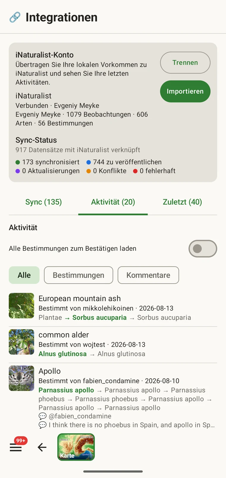 iNaturalist-Aktivitätsstrom mit den jüngsten Ereignissen zu Beobachtungen und Bestimmungen