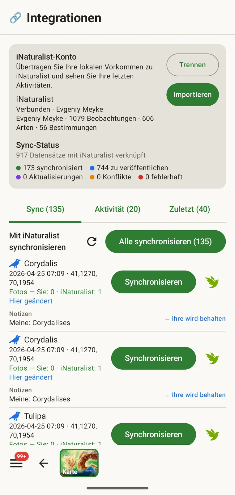 iNaturalist-Hub mit dem verbundenen Konto, den Zählern zum Synchronisierungsstatus und der Liste der sendebereiten Datensätze