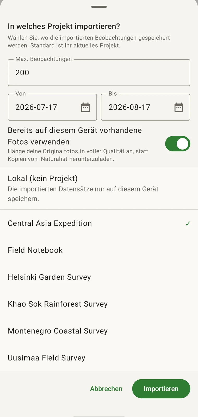 iNaturalist-Importblatt mit einer maximalen Beobachtungszahl, einem Zeitraum von und bis, einem Schalter für die Fotoquelle und einer Liste von Projekten, in die importiert werden kann