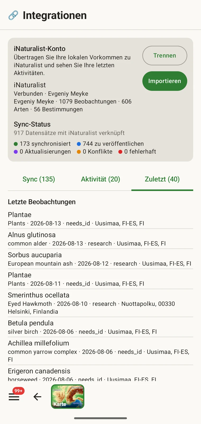 Liste der letzten iNaturalist-Beobachtungen des verbundenen Kontos