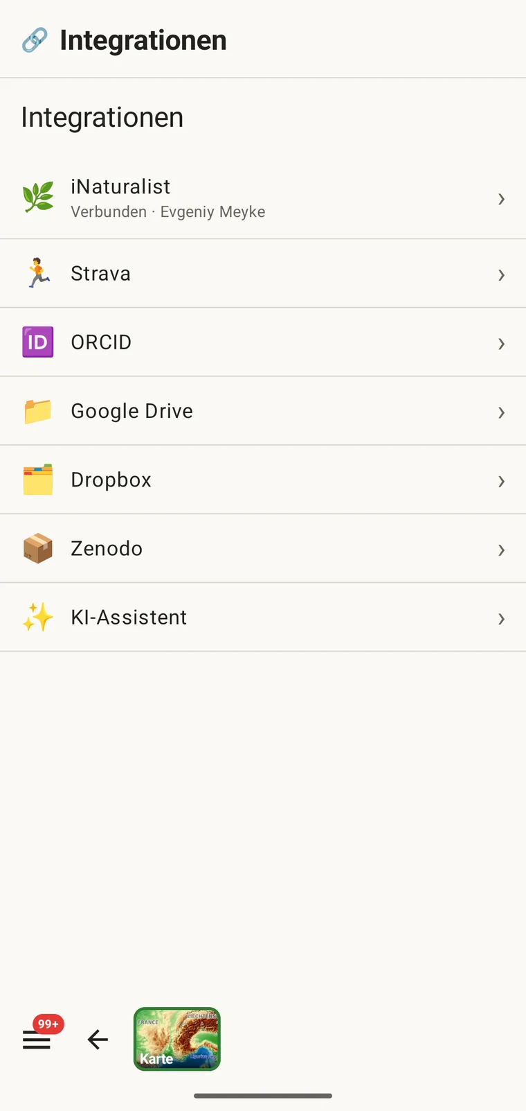 Bildschirm „Integrationen“ mit iNaturalist, Strava, ORCID, Google Drive, Dropbox, Zenodo und KI-Assistent