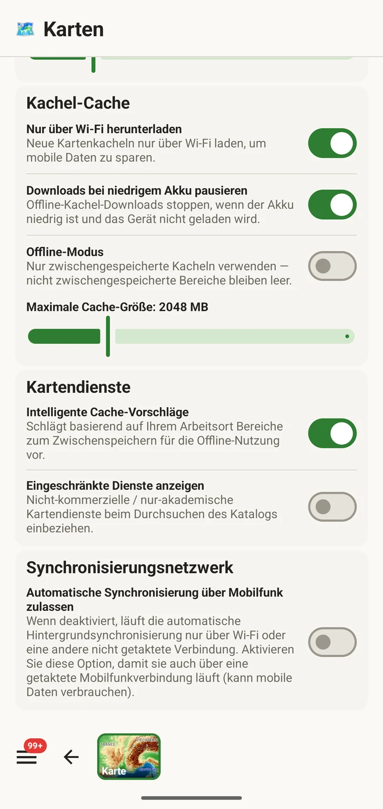 Liste der gespeicherten Offline-Regionen mit Regionsnamen und Größen
