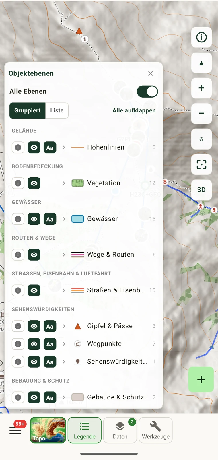 Objektlegende mit Landbedeckung, Pfadtyp, Höhenlinienwert und Ortsnamen für einen angetippten Punkt