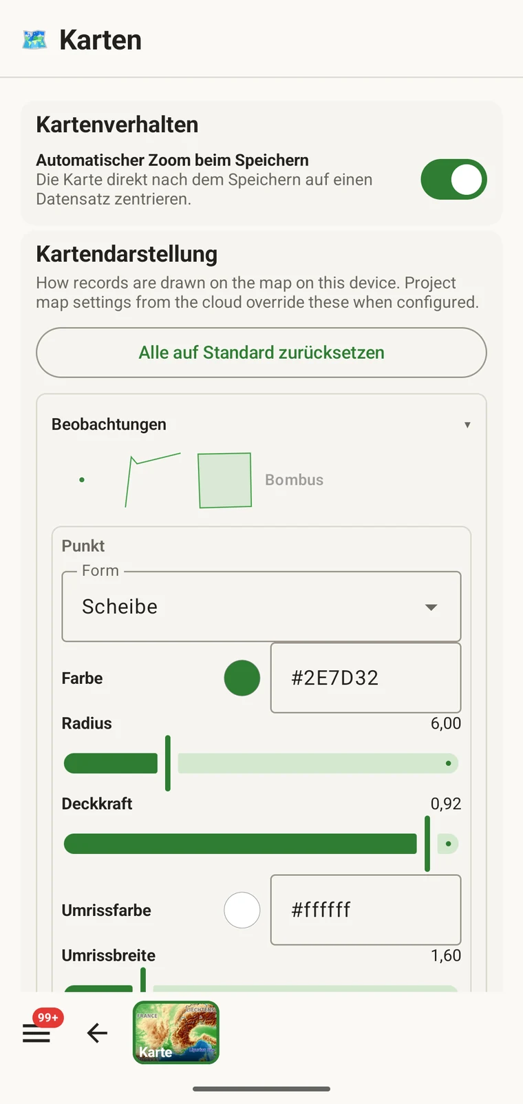 Karteneinstellungen mit Markerform, -farbe, -radius, -deckkraft und -umriss