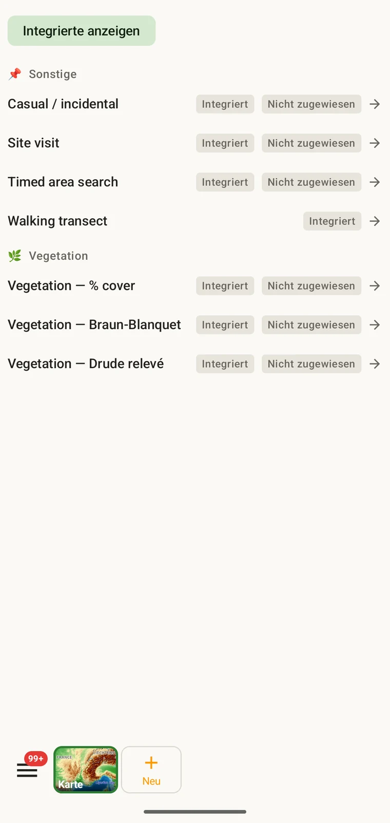 Protokollliste mit den sieben in der App enthaltenen Protokollen