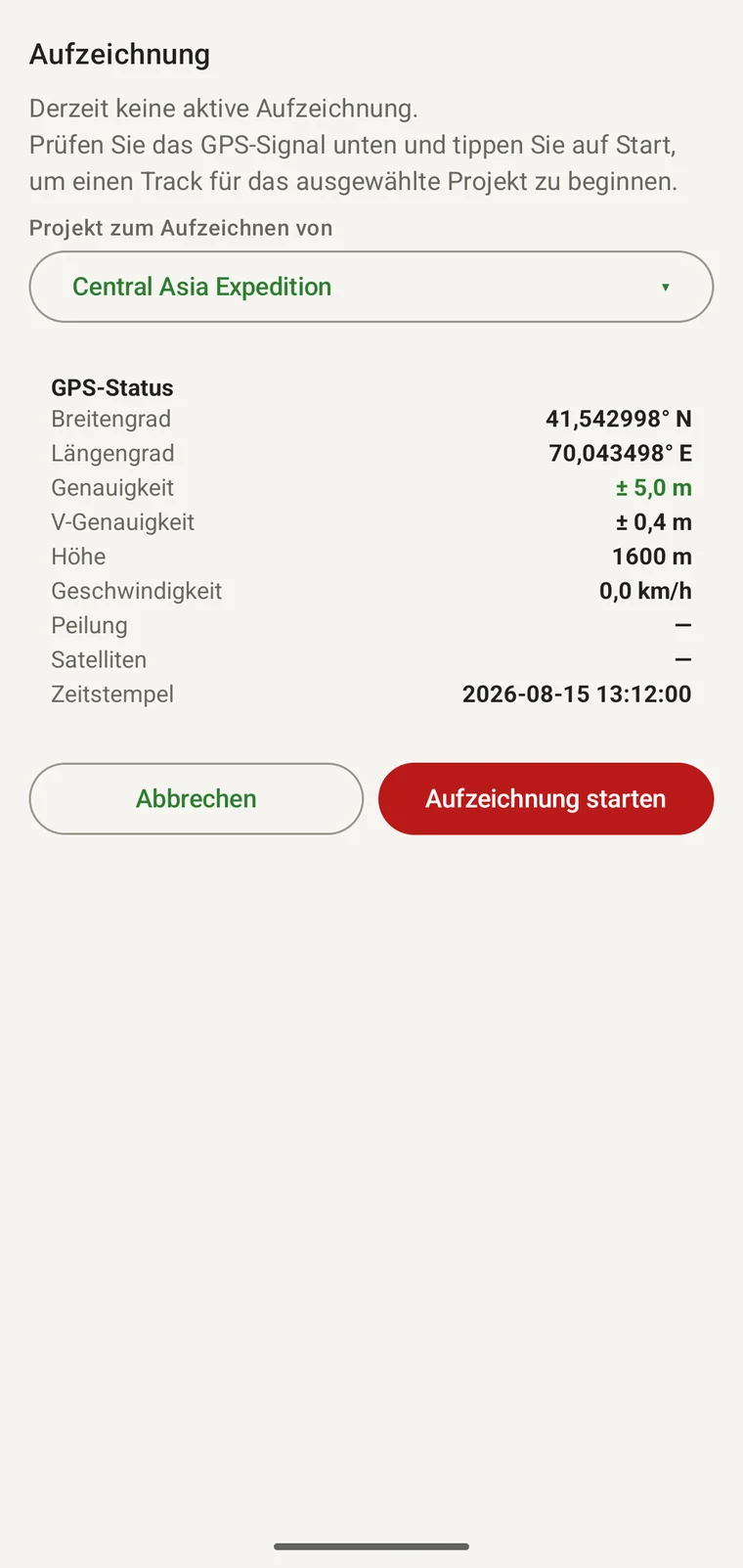 Erfassungsbildschirm mit GPS-Statusfeldern und der Schaltfläche „Aufzeichnung starten“