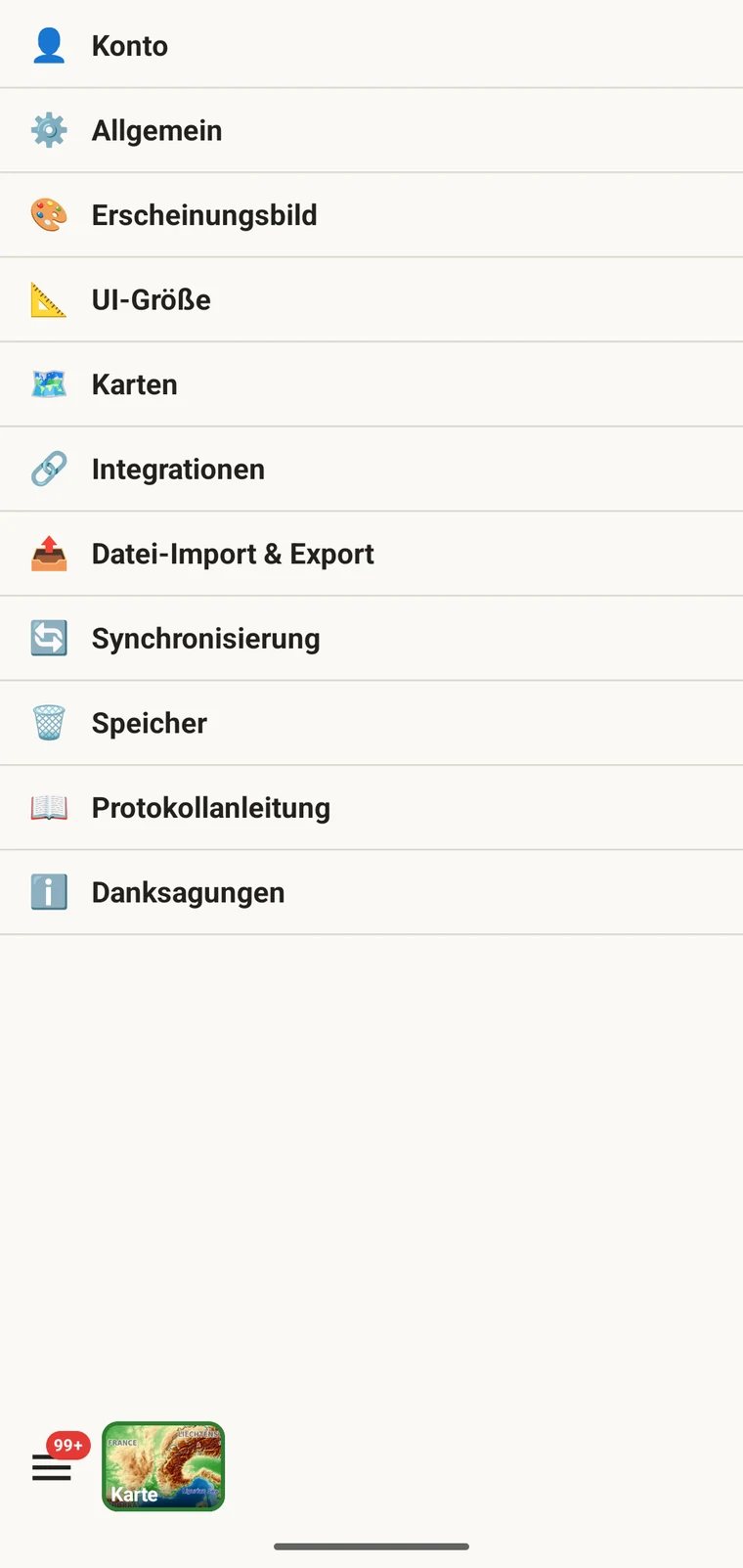 EarthCape-Einstellungsbildschirm mit dem Eintrag „Sprache“