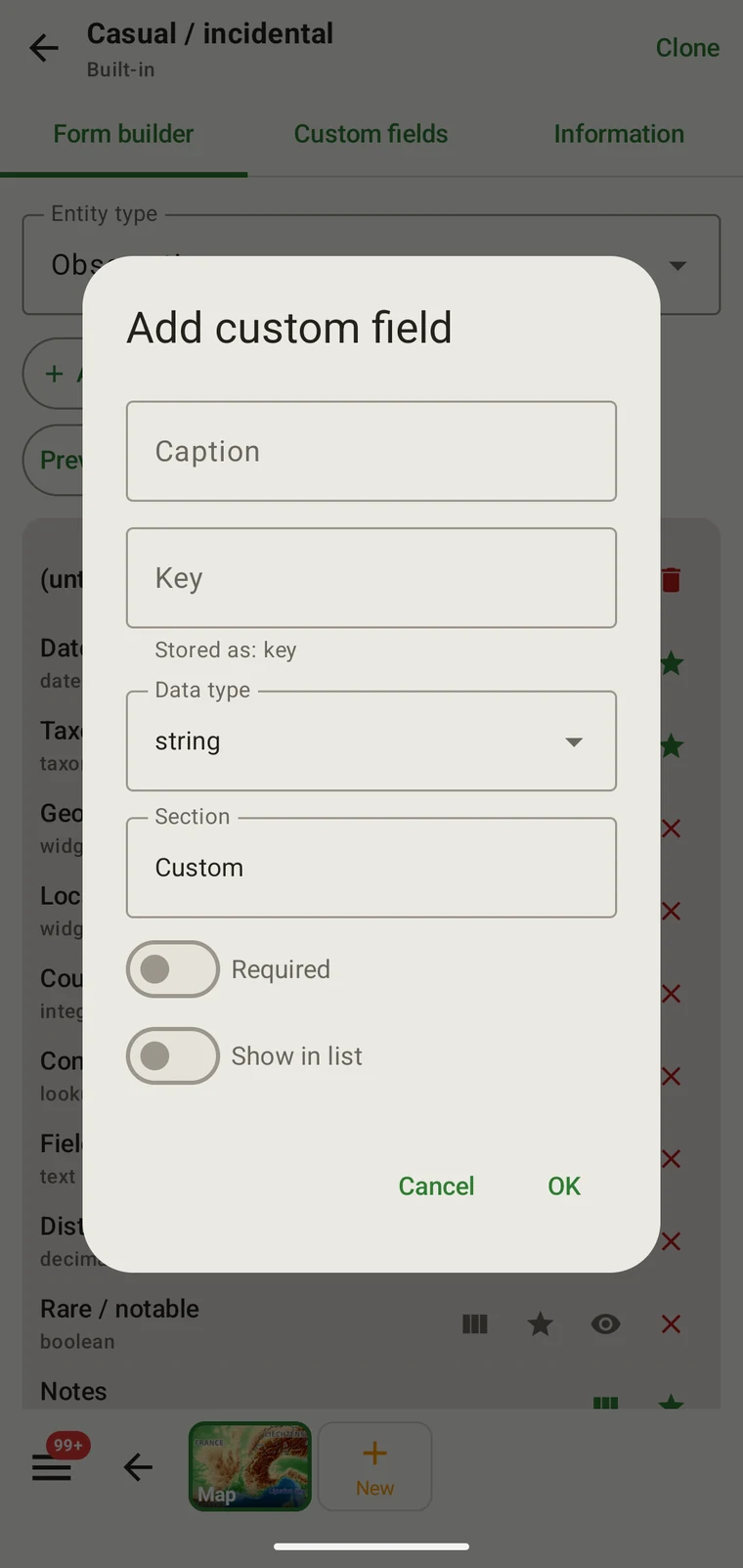 Add custom field dialog with Caption, Key, Data type, Section, Required and Show in list controls