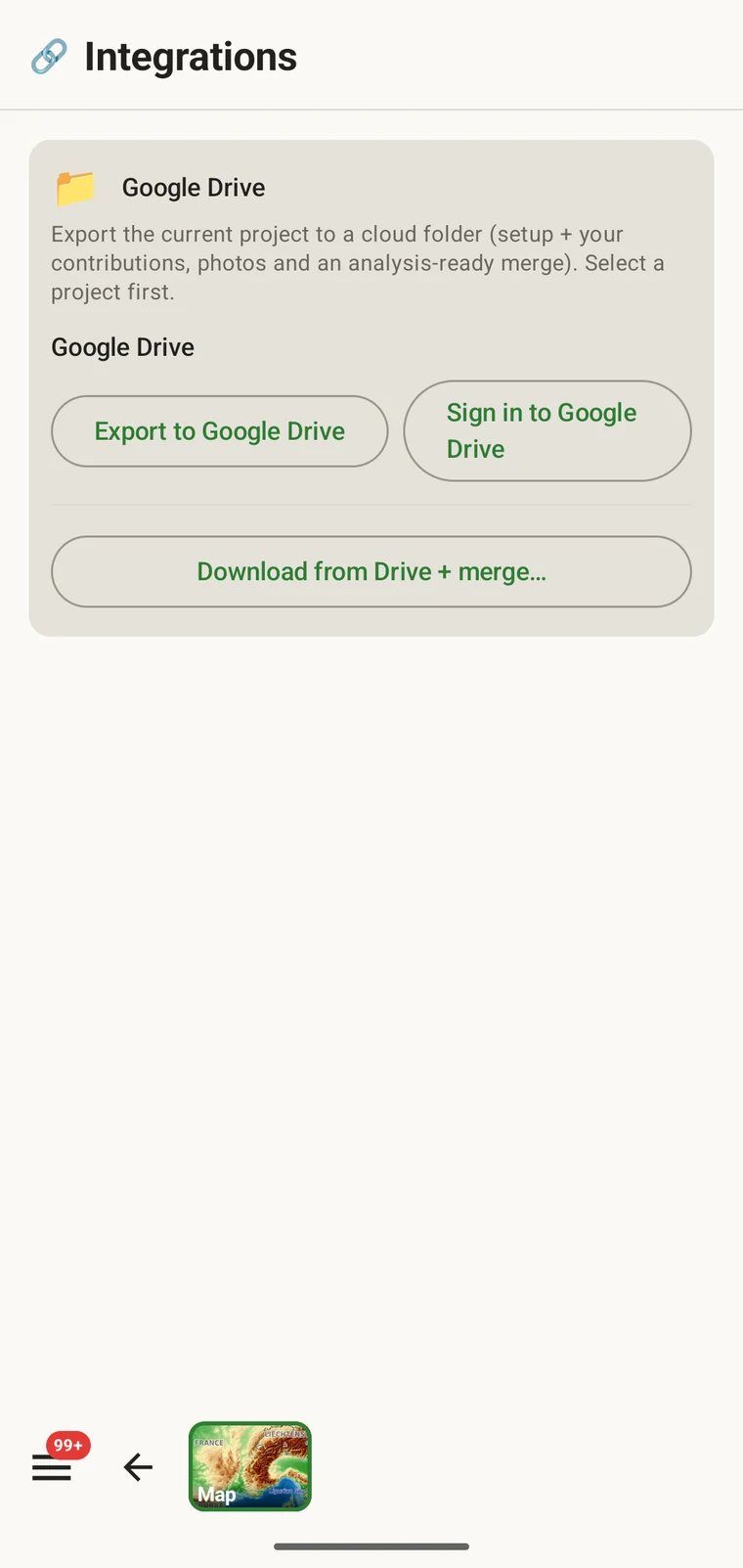 The Google Drive card with its three buttons: Export to Google Drive, Sign in to Google Drive, and Download from Drive and merge