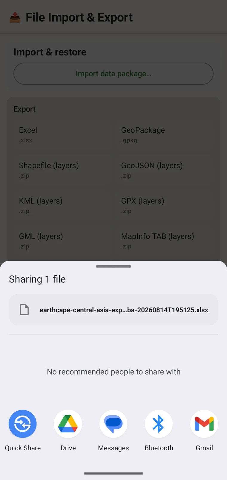 Android share sheet showing Quick Share, Drive, Messages, Bluetooth and Gmail as destinations after an export