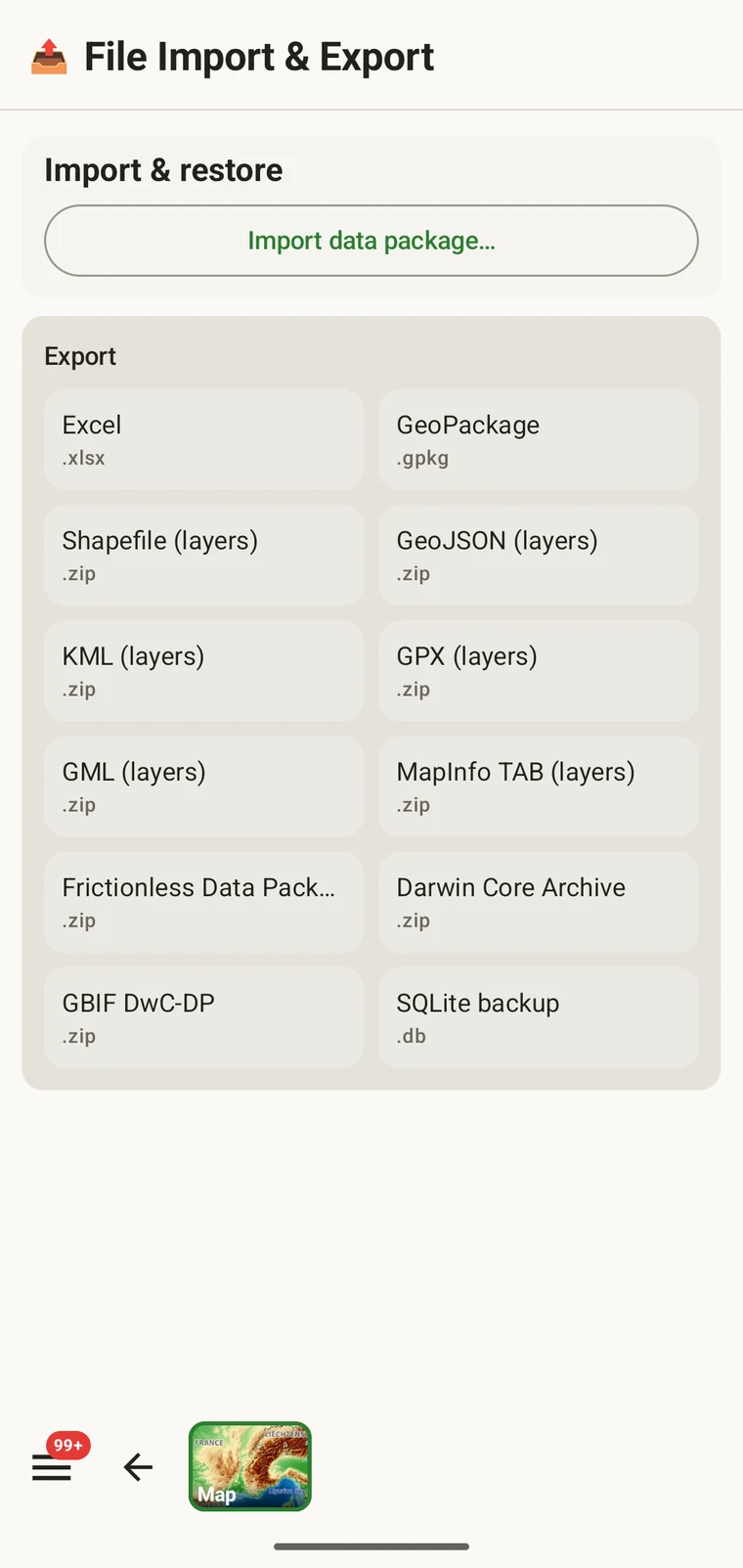 Export screen showing the Import and restore section and the grid of twelve export formats