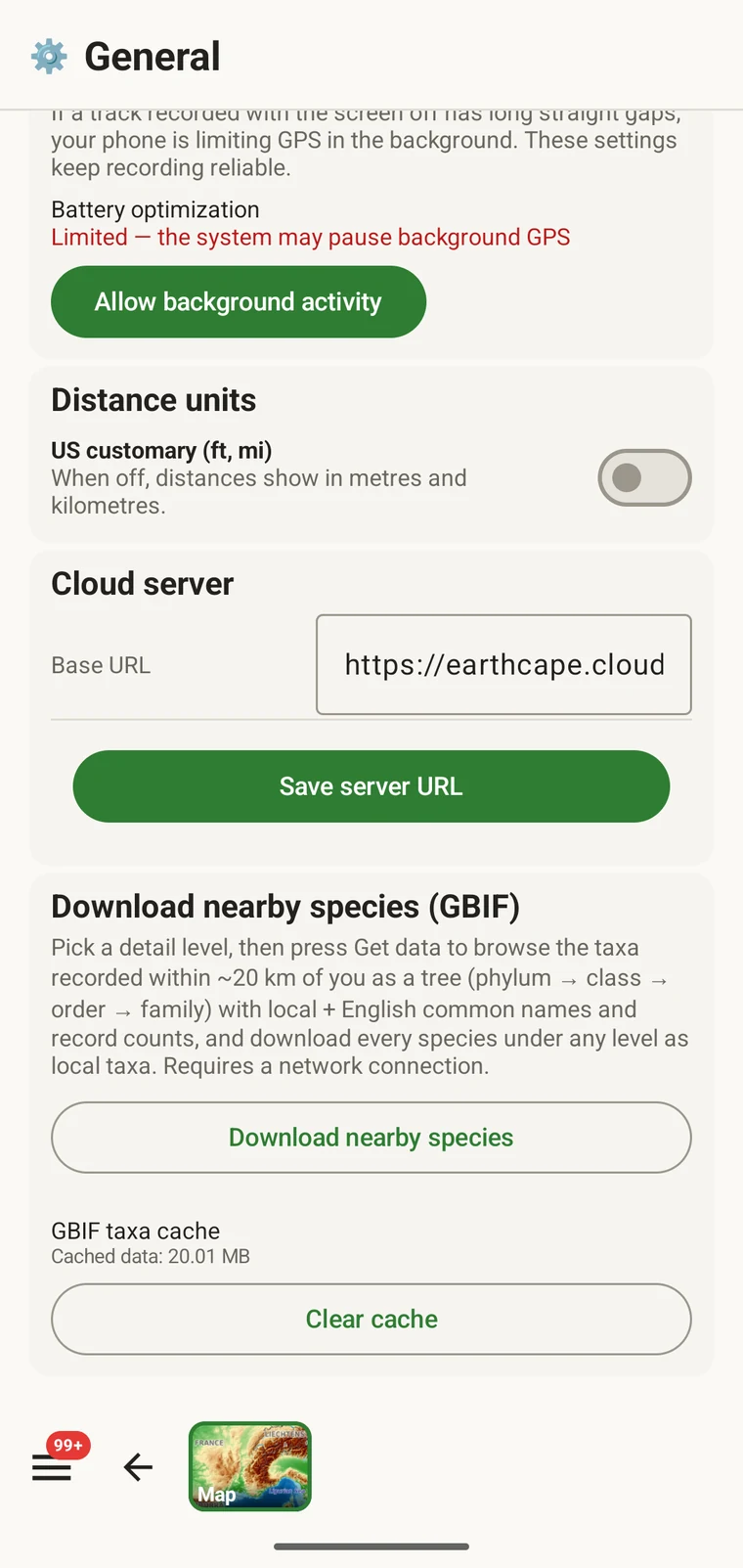 Download nearby species (GBIF) card under Menu → Admin → General