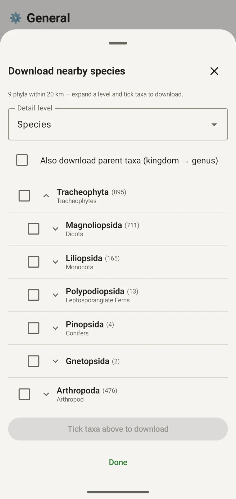 GBIF tree drilled to orders within Magnoliopsida, each showing vernacular names