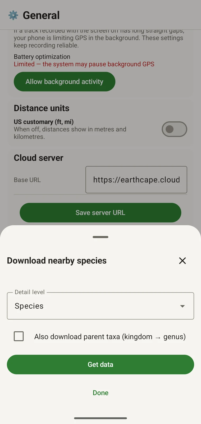 Download nearby species sheet with the Detail level control, the parent-taxa checkbox and the Get data button
