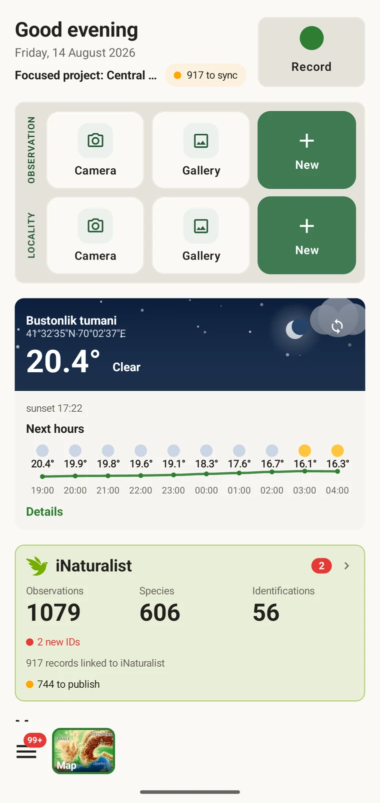 EarthCape home screen with the Record button, observation and locality quick actions and the weather card
