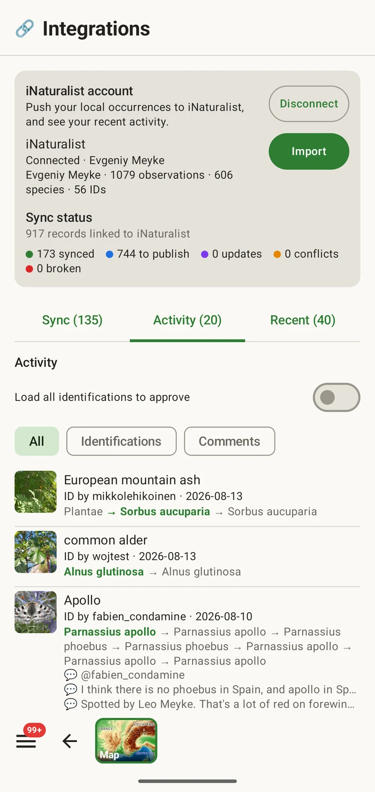 iNaturalist activity feed showing recent events on observations and identifications