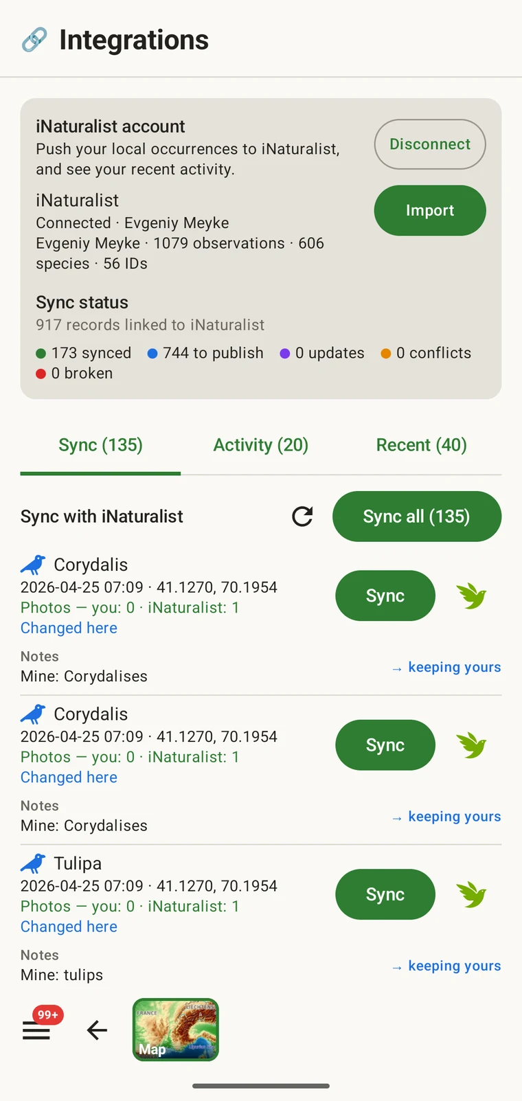 iNaturalist hub showing the connected account, sync status counts and the list of records ready to send