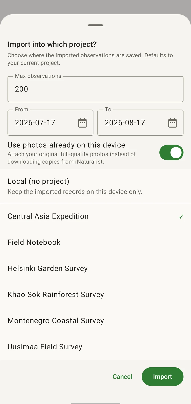 iNaturalist import sheet with a maximum observation count, a from and to date range, a photo source switch and a list of projects to import into