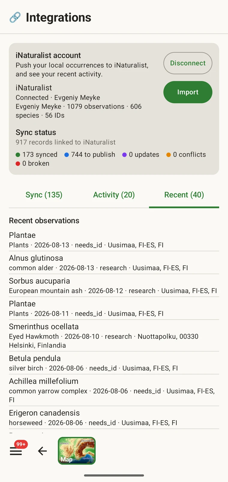 List of recent iNaturalist observations belonging to the connected account