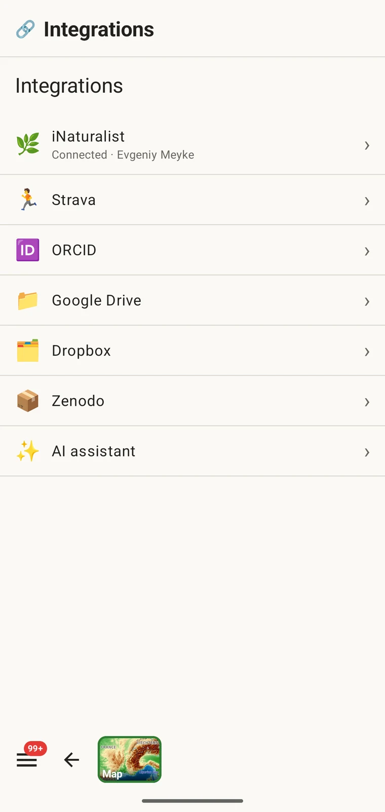 Integrations screen listing iNaturalist, Strava, ORCID, Google Drive, Dropbox, Zenodo and AI assistant