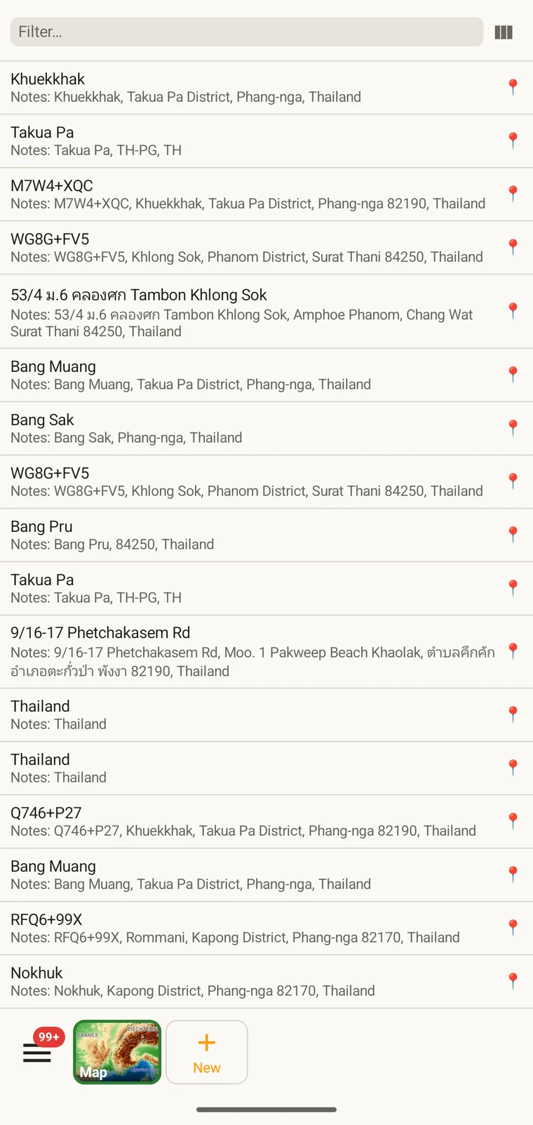 Localities list showing named places used across the project