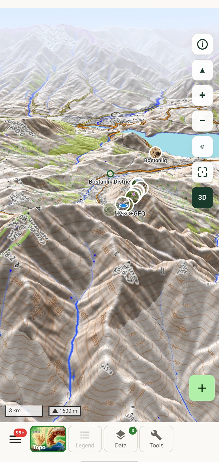 3D terrain view with tilt applied to the topographic map