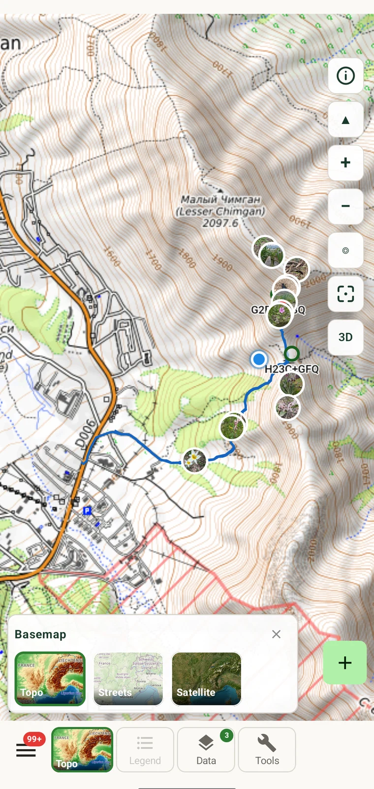 Basemap picker showing topographic, streets and satellite