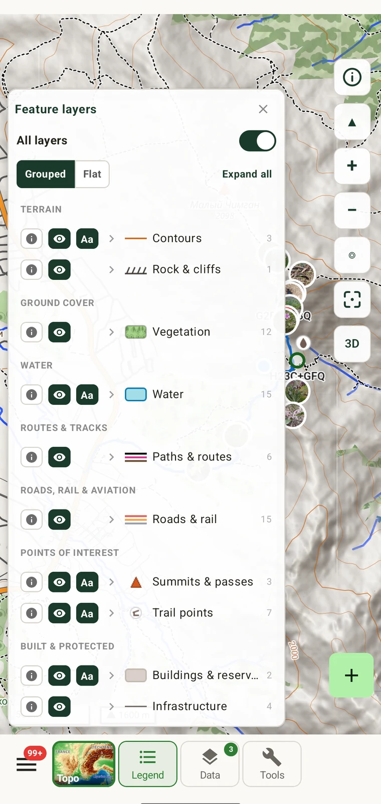 Feature legend showing land cover, path type, contour height and place name for a tapped point