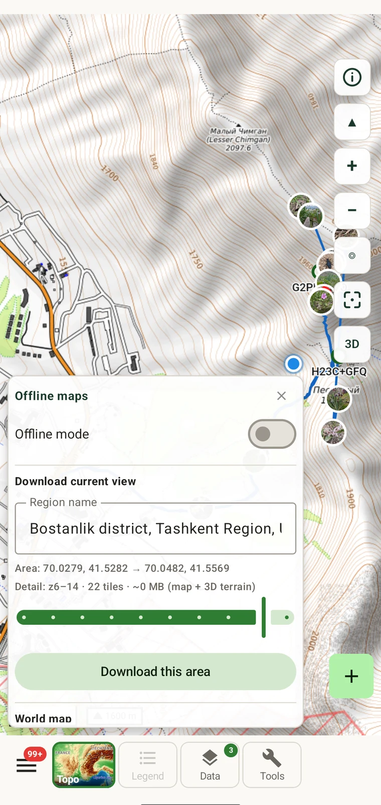 Offline maps panel with a named region ready to download
