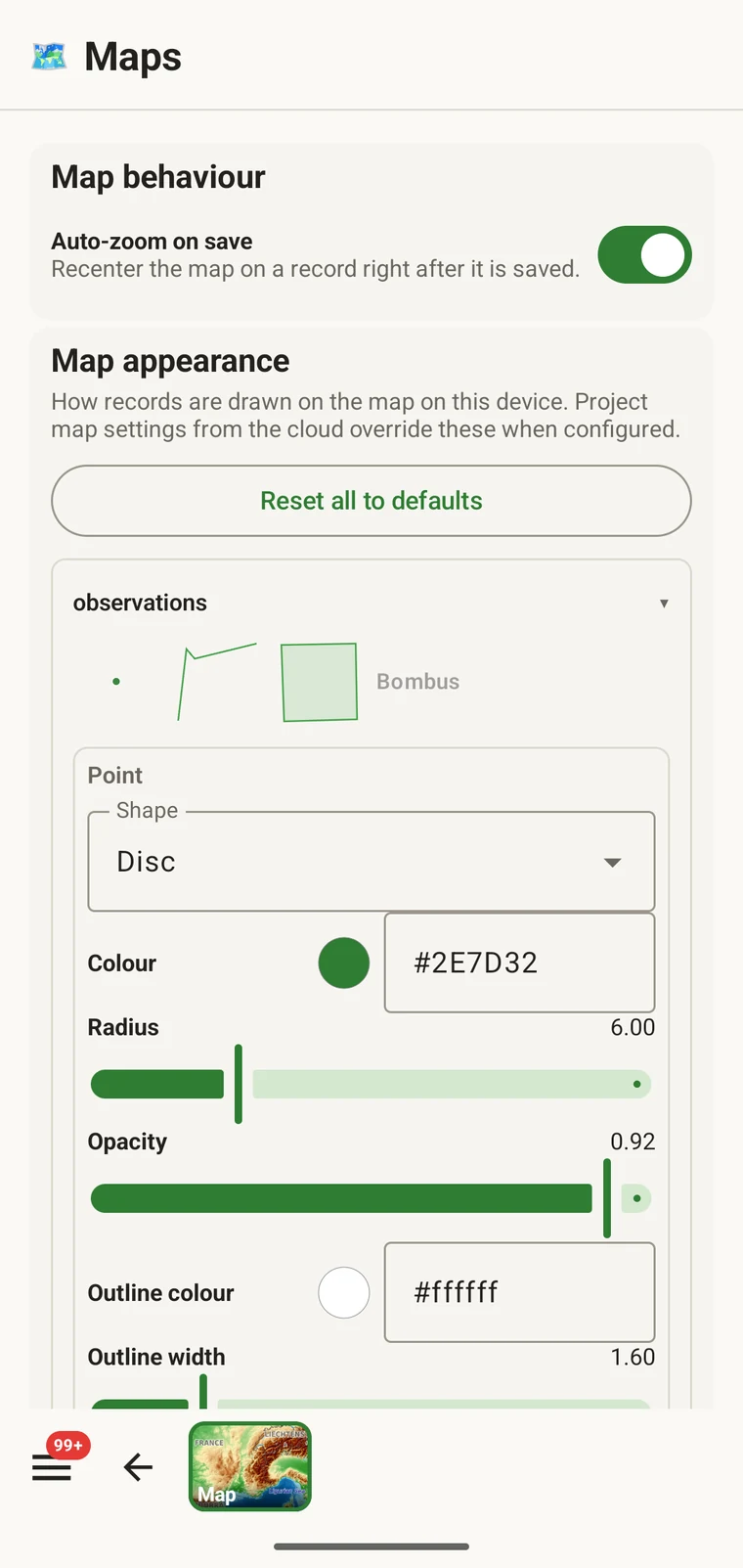 Map settings with marker shape, colour, radius, opacity and outline