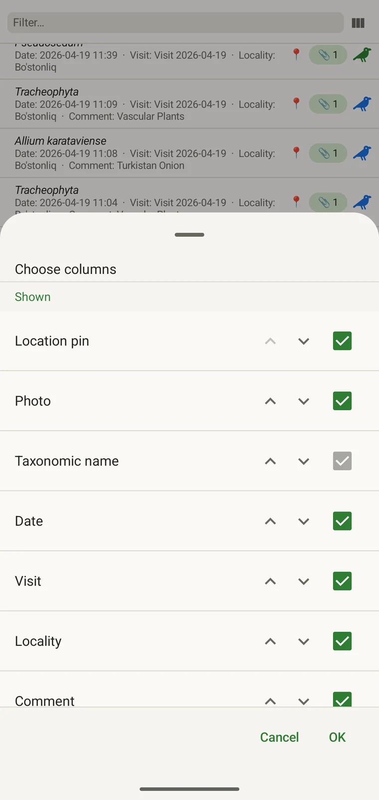 Column picker showing available fields for the observation list