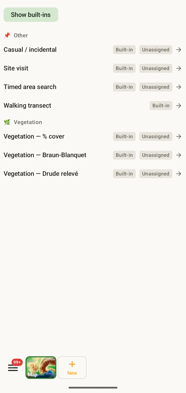 Protocol list showing the seven protocols included with the app