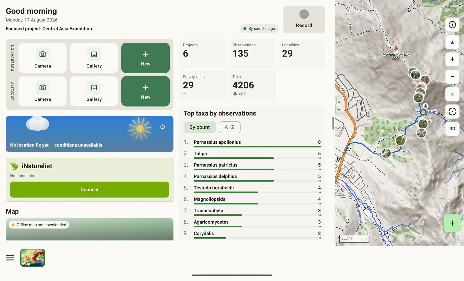 EarthCape dashboard on a landscape tablet, divided into three panes side by side