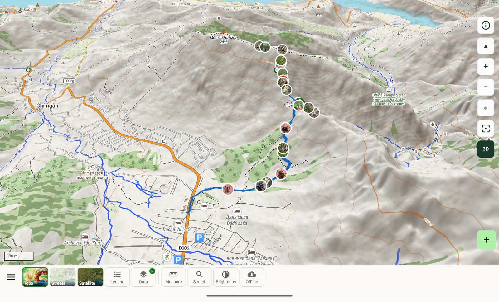 3D tilted view of a mountain massif filling a landscape tablet screen