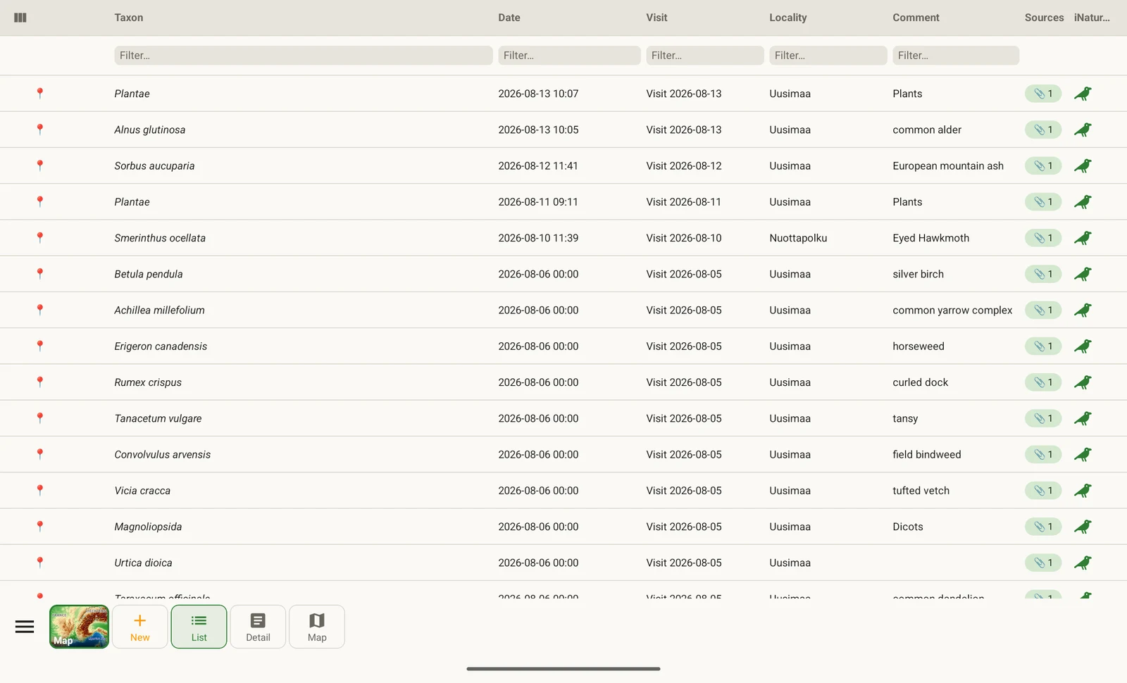 Tablet observation list filling the whole screen with taxon, date, visit, locality, comment and source columns