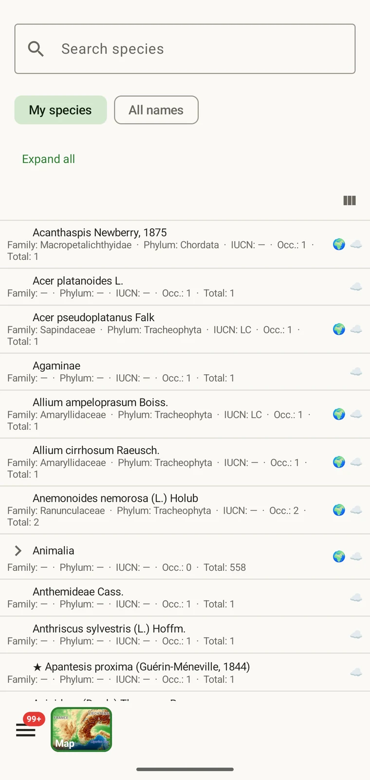 Taxa list showing the species recorded in the current project