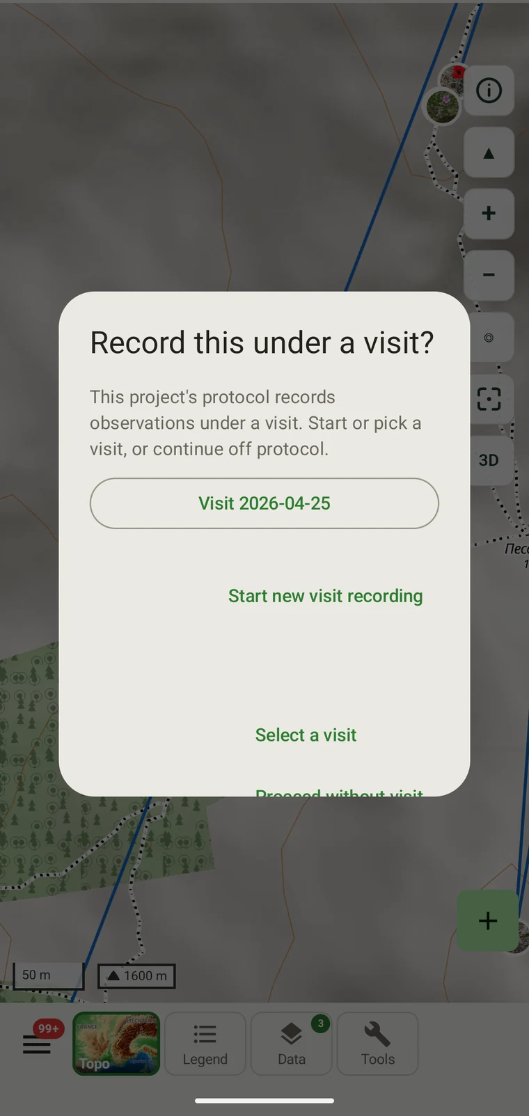 Visit chooser showing available visits and a Proceed without visit button
