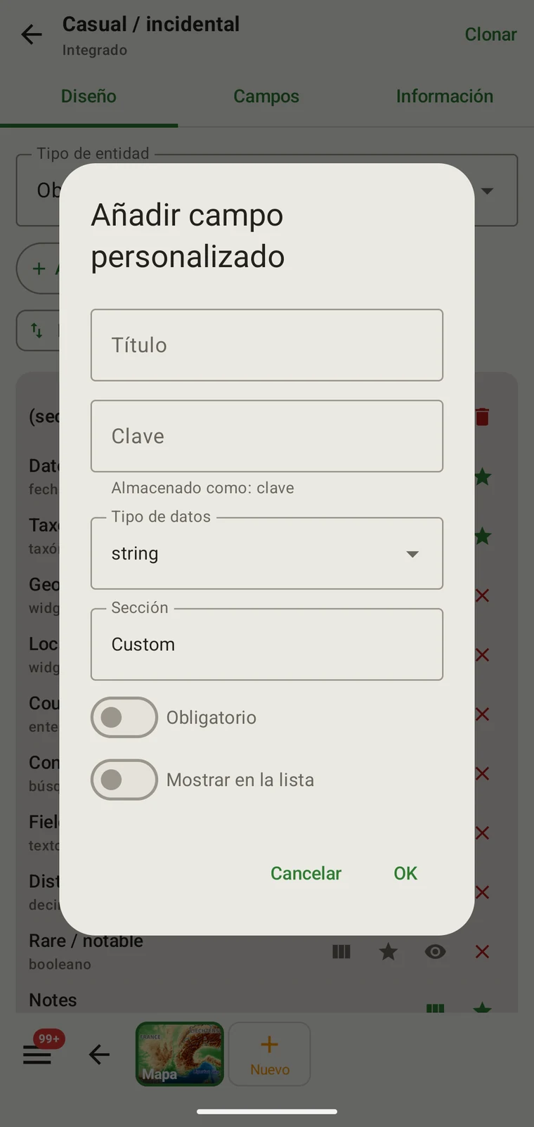 Add custom field dialog with Caption, Key, Data type, Section, Required and Show in list controls