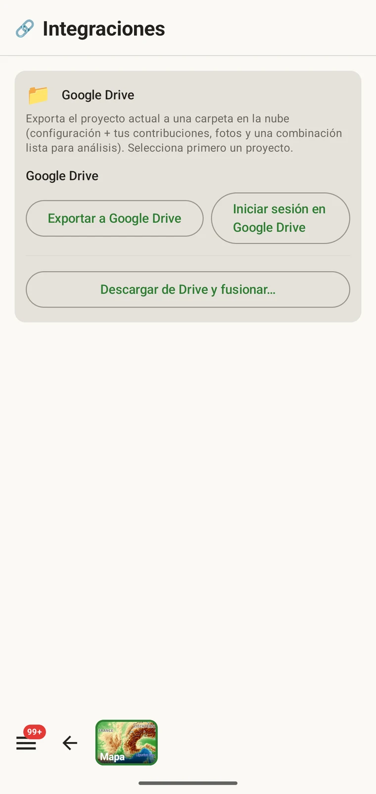 La tarjeta de Google Drive con sus tres botones: Exportar a Google Drive, Iniciar sesión en Google Drive y Descargar de Drive y fusionar