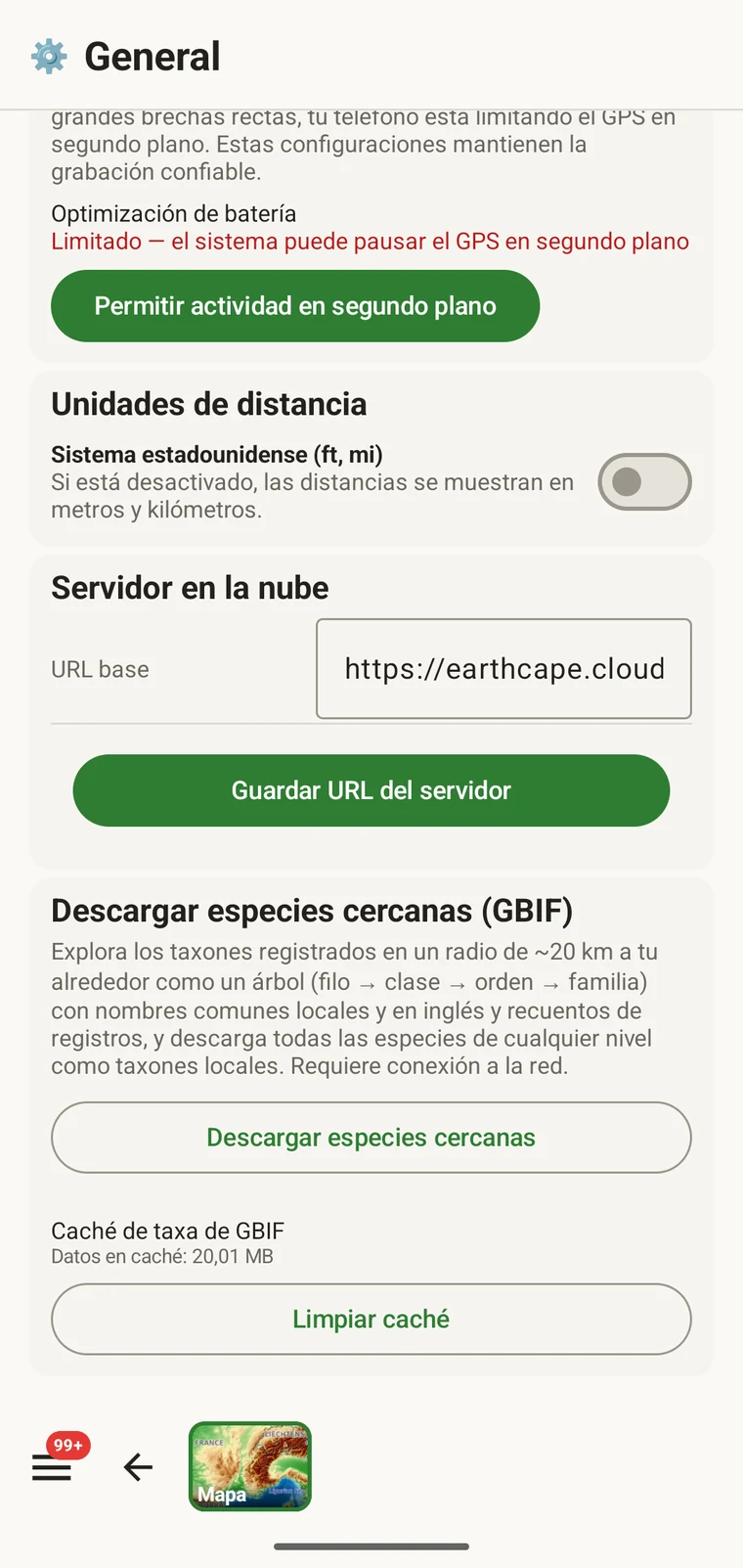 Download nearby species (GBIF) card under Menu → Admin → General