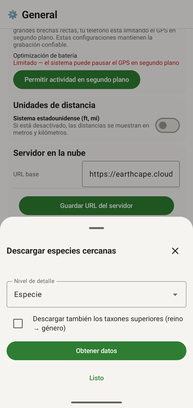 Download nearby species sheet with the Detail level control, the parent-taxa checkbox and the Get data button