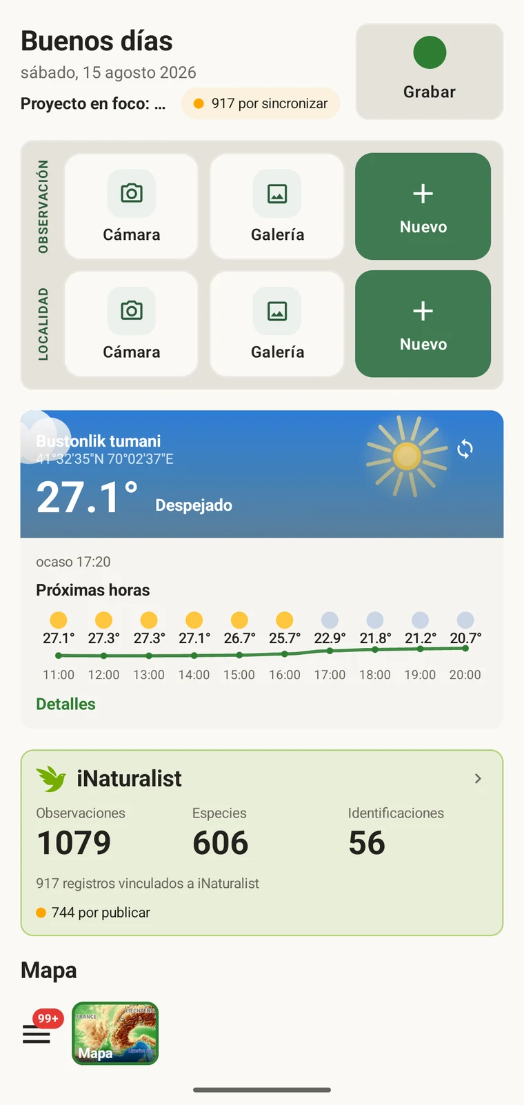 EarthCape home screen with the Record button, observation and locality quick actions and the weather card